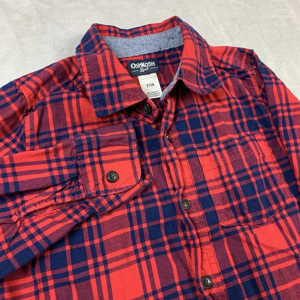 Oshkosh B'gosh Flannel Shirt Youth Boys 7 Red Blue Plaid Long Sleeve Cotton